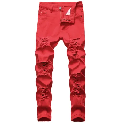 Men Fashion Casual Street Tide Solid Plus Size Ripped Jeans