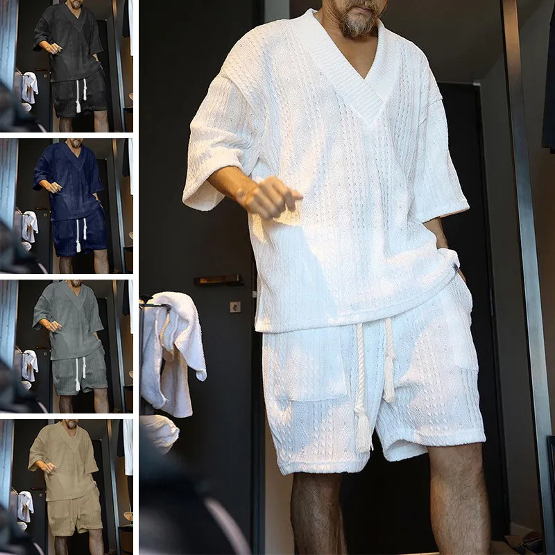 Men Fashion Casual Solid Color Short Sleeve V Neck T-Shirt Shorts Knitwear Set