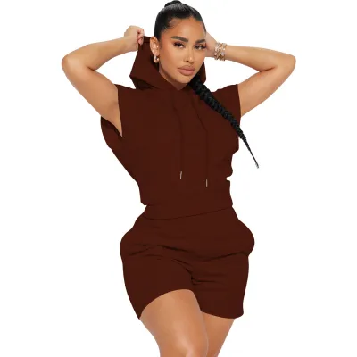 Women Casual Sports Style Solid Color Hooded Top Shorts Two-Piece Set