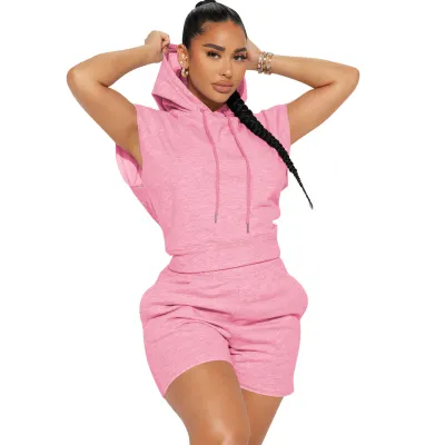 Women Casual Sports Style Solid Color Hooded Top Shorts Two-Piece Set