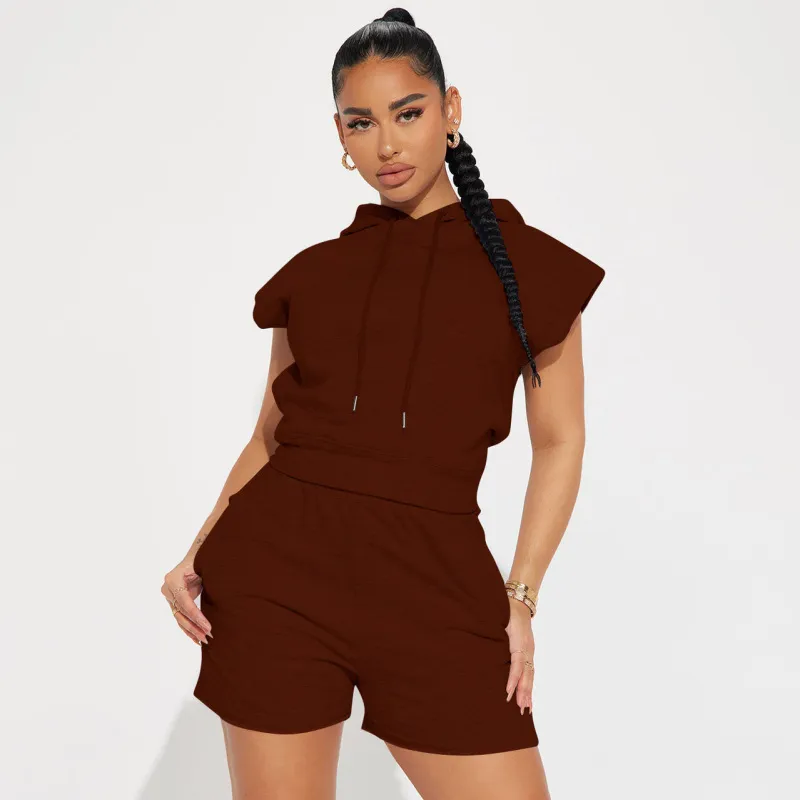 Women Casual Sports Style Solid Color Hooded Top Shorts Two-Piece Set