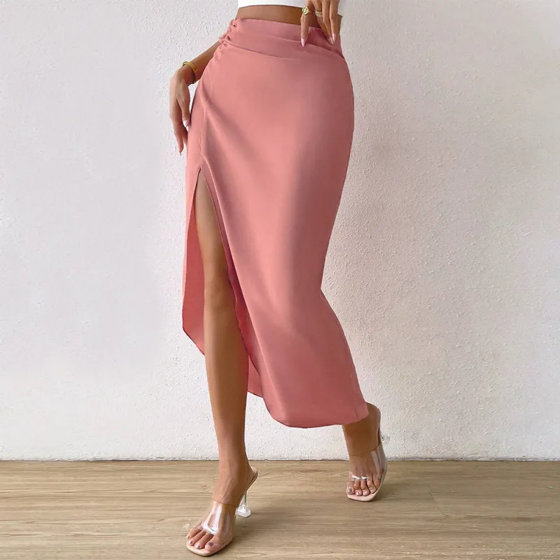 Women Elegant Solid Color Side Split A-Line Skirt