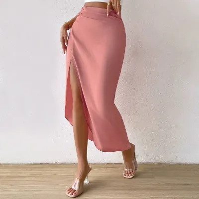 Women Elegant Solid Color Side Split Skirt