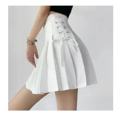 Women Fashion Solid Color Lace-Up High Waist Pleated Skirt