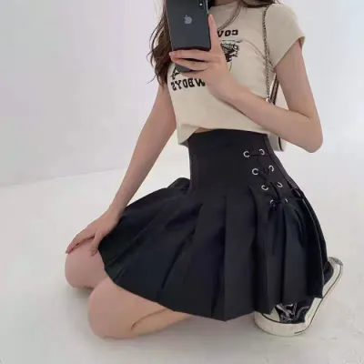 Women Fashion Solid Color Lace-Up High Waist Pleated Skirt