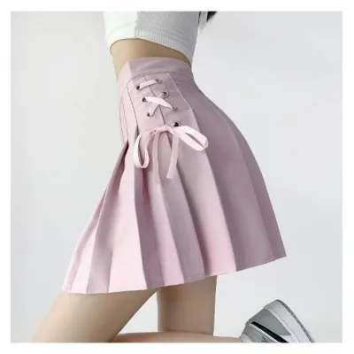 Women Fashion Solid Color Lace-Up High Waist Pleated Skirt