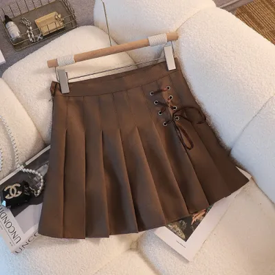 Women Fashion Solid Color Lace-Up High Waist Pleated Skirt