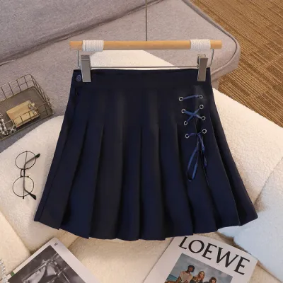 Women Fashion Solid Color Lace-Up High Waist Pleated Skirt