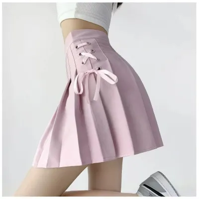 Women Fashion Solid Color Lace-Up High Waist Pleated Skirt