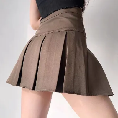 Women Fashion Solid Color High Waist Pleated Skirt