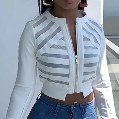 Women Fashion Round Neck Transparent Mesh Zipper Long Sleeve Slim Jacket
