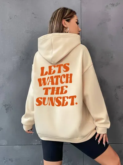Women Fashion Thickened Back Letter Slogan Printing Drawstring Long Sleeve Hoodie