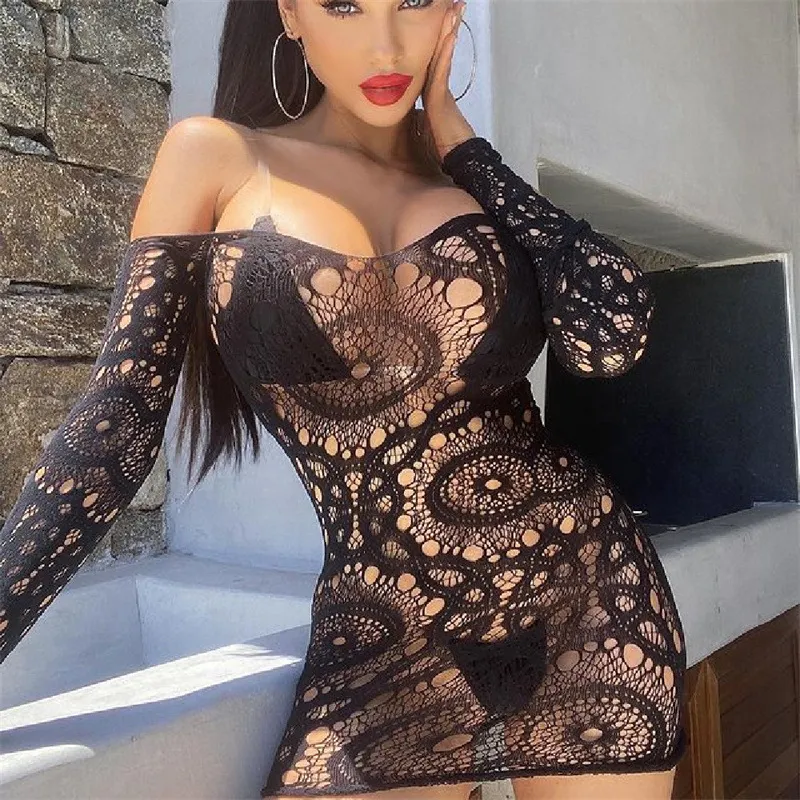 Women Sexy Off Shoulder Mesh Hollow Long Sleeve Dress