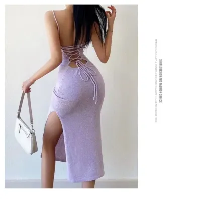 Women Fashion Sexy Knitted Backless Strap Dress