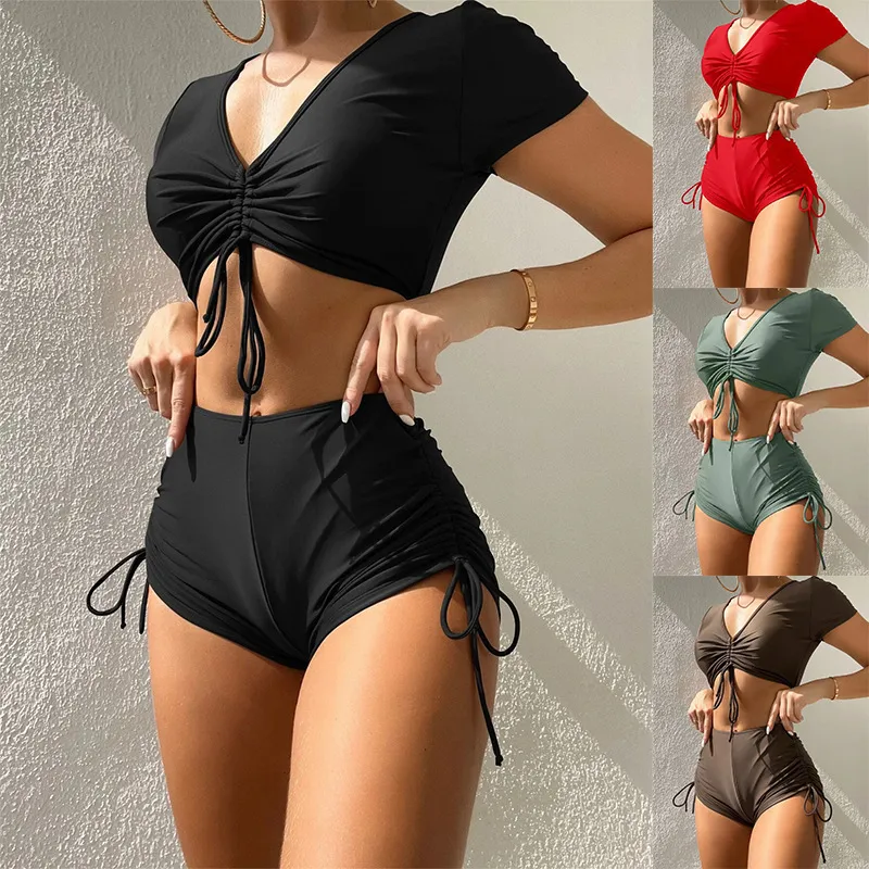 Women V-Neck Drawstring Short Sleeve High Waist Tankini Swimsuit Set