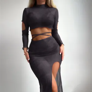Women Sexy Solid Color Strap Bikini Swimwear Long Sleeve Top Split Skirt Cover-Ups Set