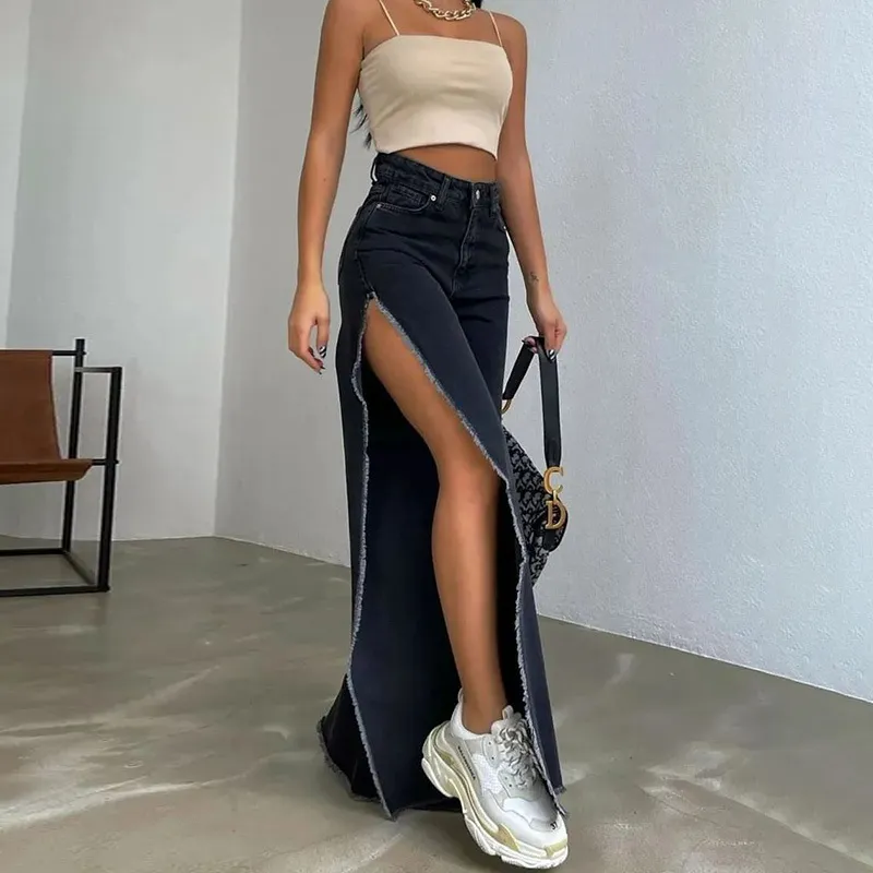 Women Fashion Sexy High Waist Double Side Split Wide Leg Jeans