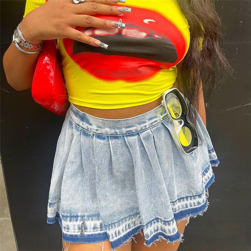 Wholesale Summer Women Fashion Creased Zipper Denim Skirt