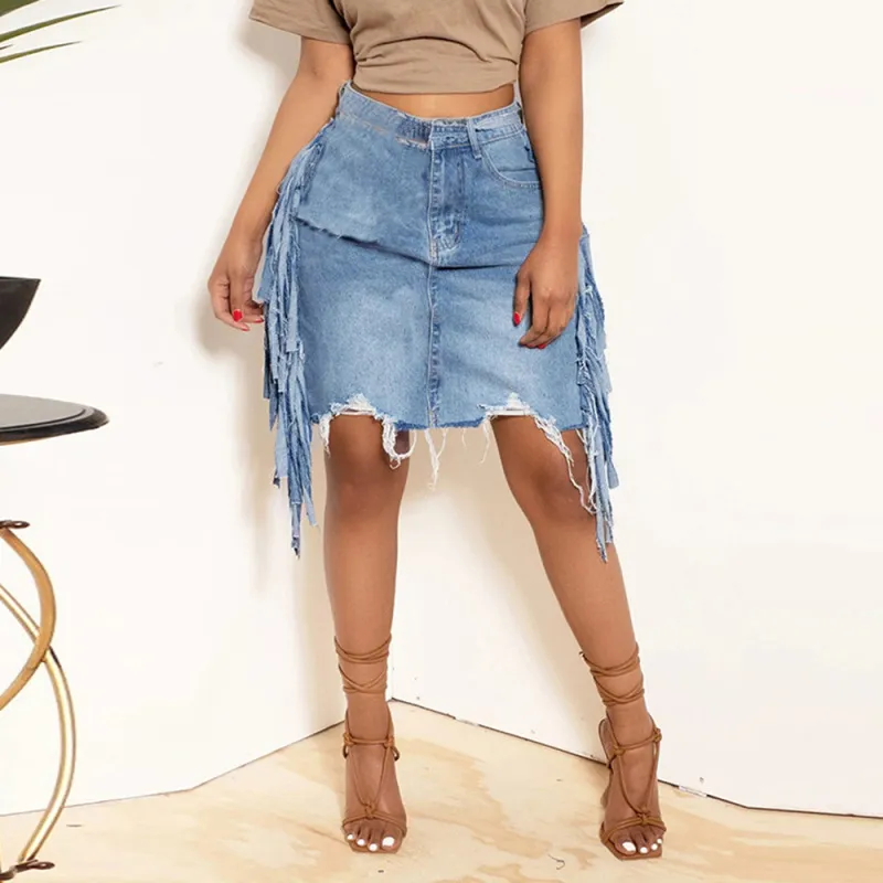 Women's Tassel Denim Skirt Street Hipster Style Mid-Skirt