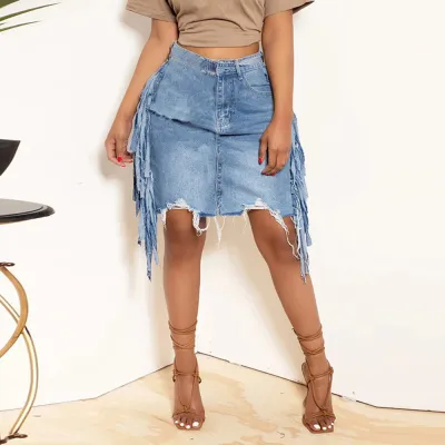 Women's Tassel Denim Skirt Street Hipster Style Mid-Skirt