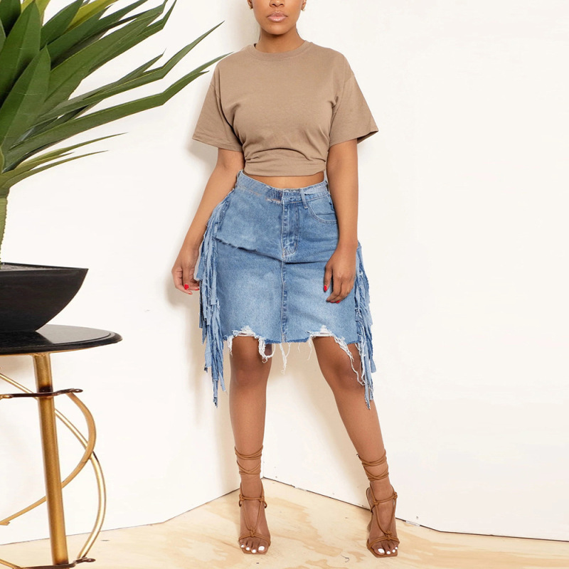 【WOOHWA】TINI TASSEL DENIM SK Wholesale Summer Women Fashion Tassel Denim Skirt