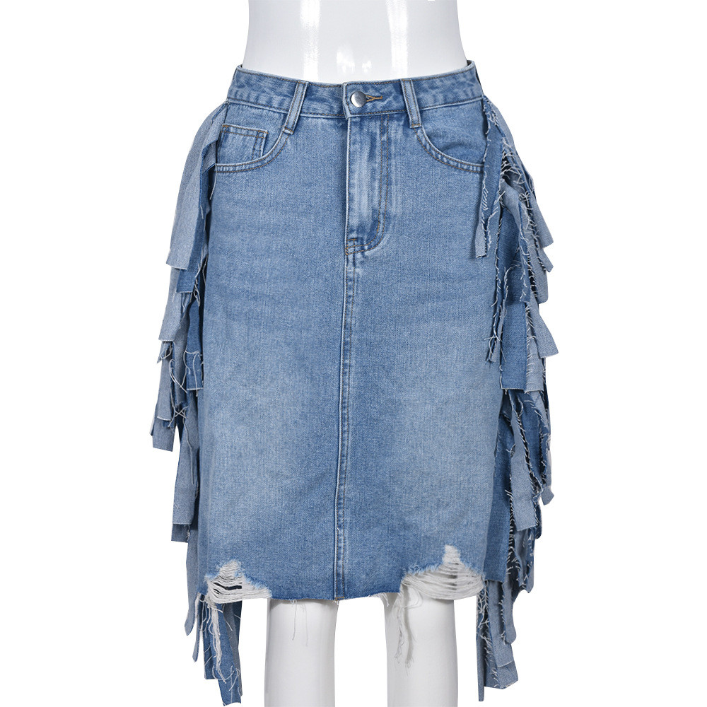 【WOOHWA】TINI TASSEL DENIM SK Long, cotton-denim skirt, navy | Weekend Max Mara