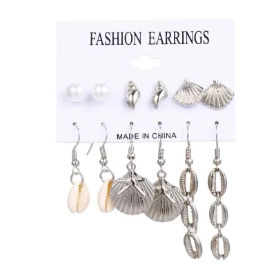 Women Simple Vacation Beach Starfish Shell Conch 6 Pair Earrings Set
