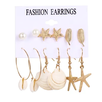 Women Simple Vacation Beach Starfish Shell Conch 6 Pair Earrings Set