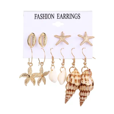Women Simple Vacation Beach Starfish Shell Conch 6 Pair Earrings Set