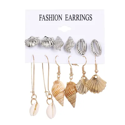 Women Simple Vacation Beach Starfish Shell Conch 6 Pair Earrings Set