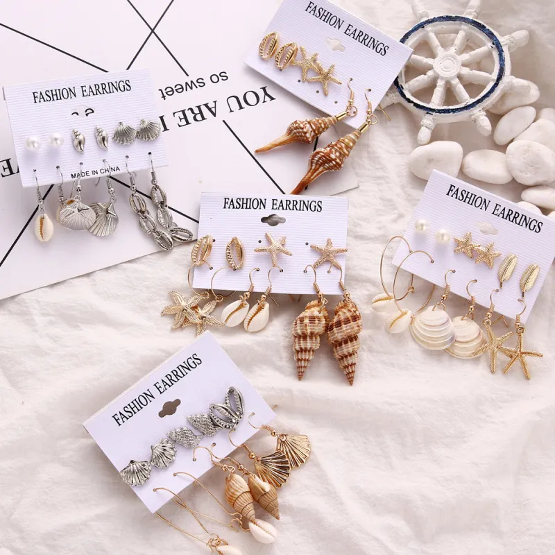 Women Simple Vacation Beach Starfish Shell Conch 6 Pair Earrings Set