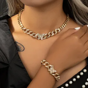 Women Fashion Simple Butterfly Rhinestone Thick Chain Necklace Bracelet Set