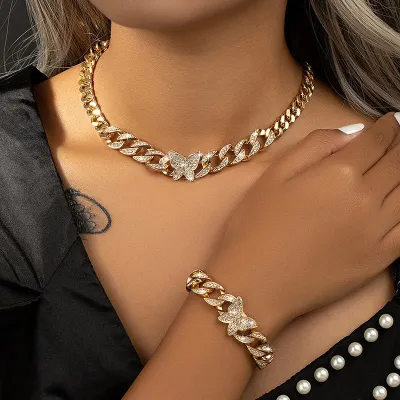 Conjunto de pulsera y collar de cadena gruesa con diamantes de imitación de mariposa Simple a la moda para mujer