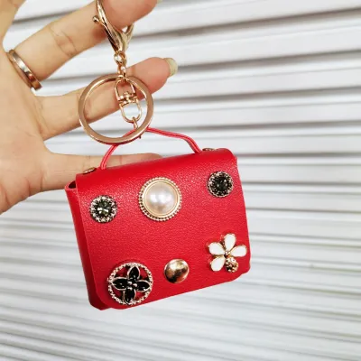Women Fashion Pearl Floral Decoration Mini Wallet Keychain Pendant PU Leather