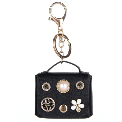 Women Fashion Pearl Floral Decoration Mini Wallet Keychain Pendant PU Leather