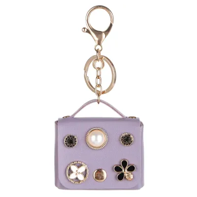 Women Fashion Pearl Floral Decoration Mini Wallet Keychain Pendant PU Leather