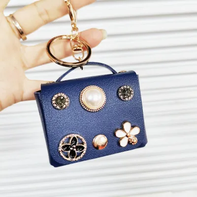 Women Fashion Pearl Floral Decoration Mini Wallet Keychain Pendant PU Leather