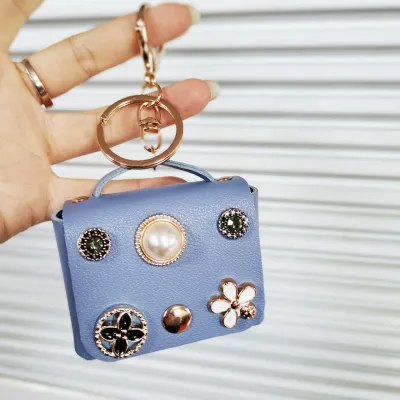 Women Fashion Pearl Floral Decoration Mini Wallet Keychain Pendant PU Leather