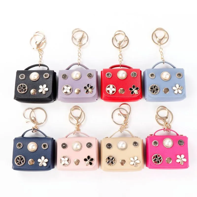 Women Fashion Pearl Floral Decoration Mini Wallet Keychain Pendant PU Leather