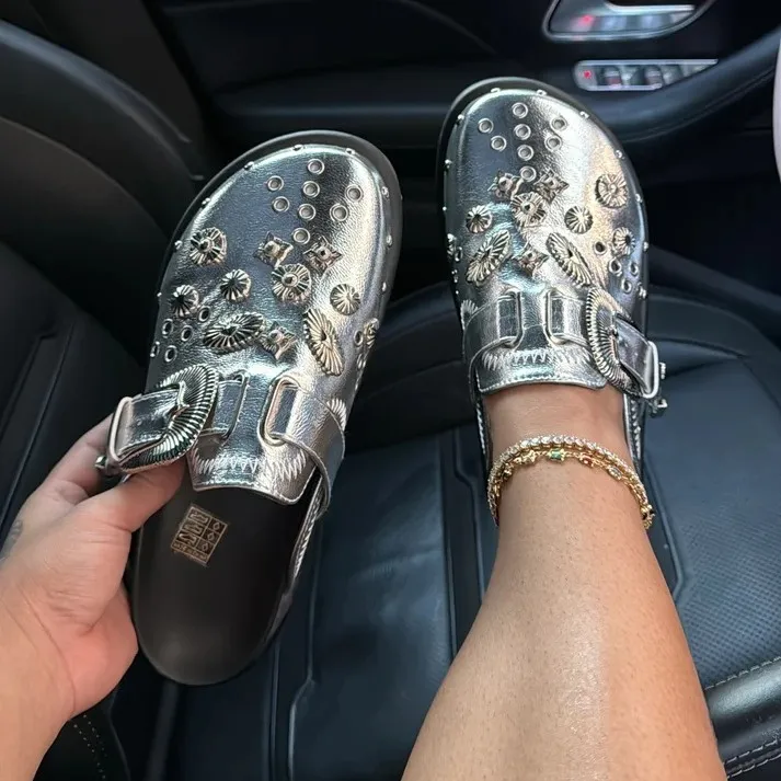 Women Retro Platform Rivet Muller Shoes Leisure Solid