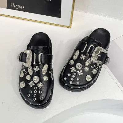 Women Retro Platform Rivet Muller Shoes Leisure Solid