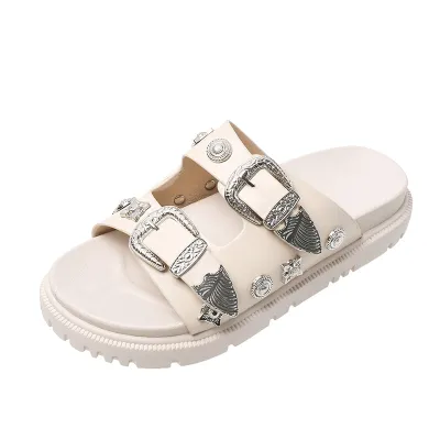 Women's Fashion Metal Nail PU Round Toe Slippers