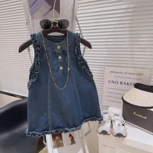 Kids Toddler Girls Casual Solid Color Sleeveless Denim Princess Dress