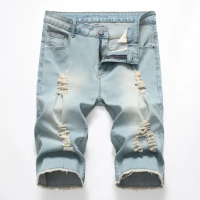 Men Fashion Casual Plus Size Ripped Straight Tube Bermuda Jeans