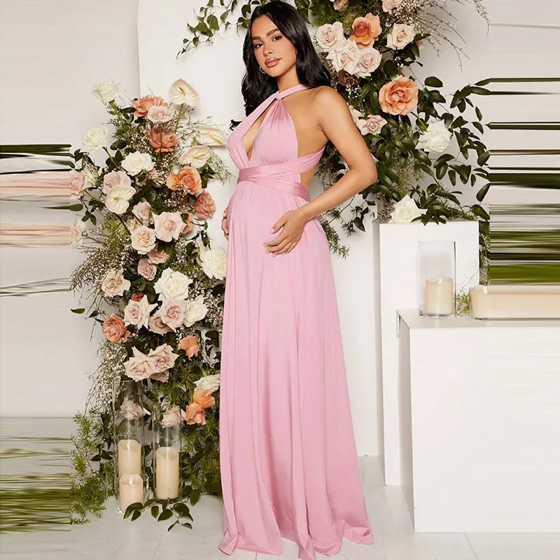 Pregnant Women Fashion Sexy Cross Halter Neck Strap Backless Maxi Dress