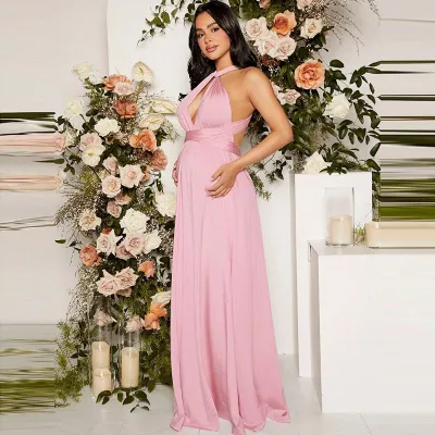 Pregnant Women Fashion Sexy Cross Halter Neck Strap Backless Maxi Dress