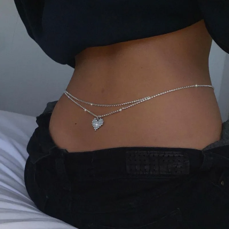 Women Fashion Simple Rhinestone Heart-Shaped Waist Chain Body Jewelry