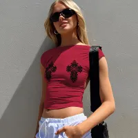 Distinctive Street Summer Mujer Camiseta corta de manga corta con estampado de cuerpo humano en 3D Slim-Fit y cuello redondo