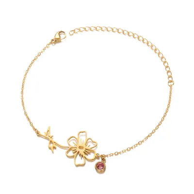 12 Months Flower Birthstone Bracelet Stainless Steel Gold Women's