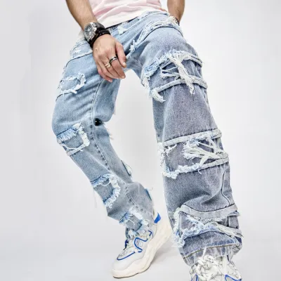 Men Fashion Casual Vintage Wide Leg Ripped Jeans